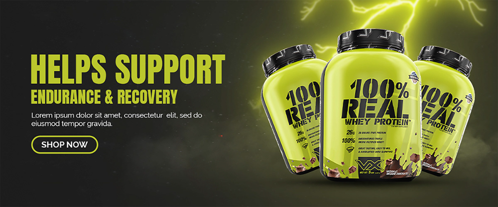 A high-contrast visual display featuring three whey protein tubs against a dark, energetic background with lightning effects, highlighting endurance and recovery.